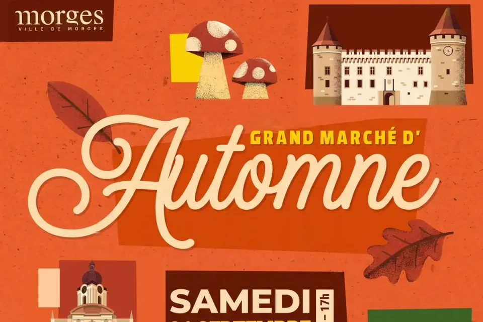 L'affiche du Grand Marché d'Automne, orange, avec le Château et le Temple de Morges.