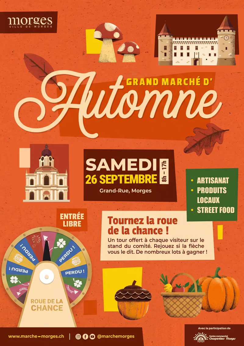 Affiche du Grand Marché d'Automne de Morges, samedi 26 septembre, de 8 h à 17 h, Grand-Rue.